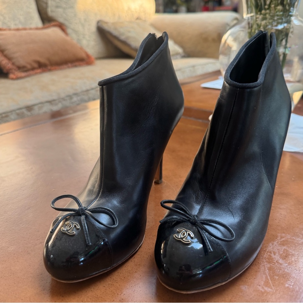 CHANEL Black Leather High Heel Booties